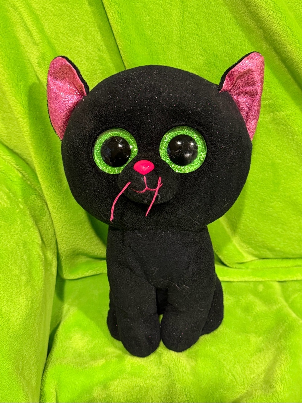 TY “Potion” Plush Black Cat Toy with Green Sparkle Eyes and Pink Accents